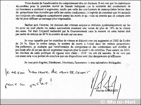 La réponse de Nicolas Sarkozy au communiqué de la FFMC