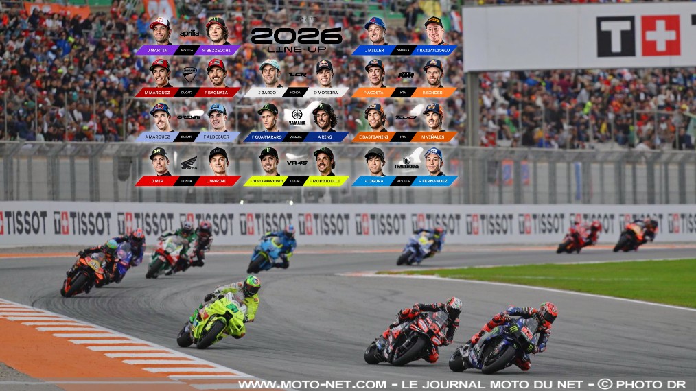 Grille MotoGP 2026 : quel pilote sur quelle moto ?

22 pilotes, 5 champions en catégorie reine, 2 français, 2 débutants, 5 constructeurs et 1 nouveau moteur : voilà les chiffres-clés de la grille MotoGP 2026 ! 
